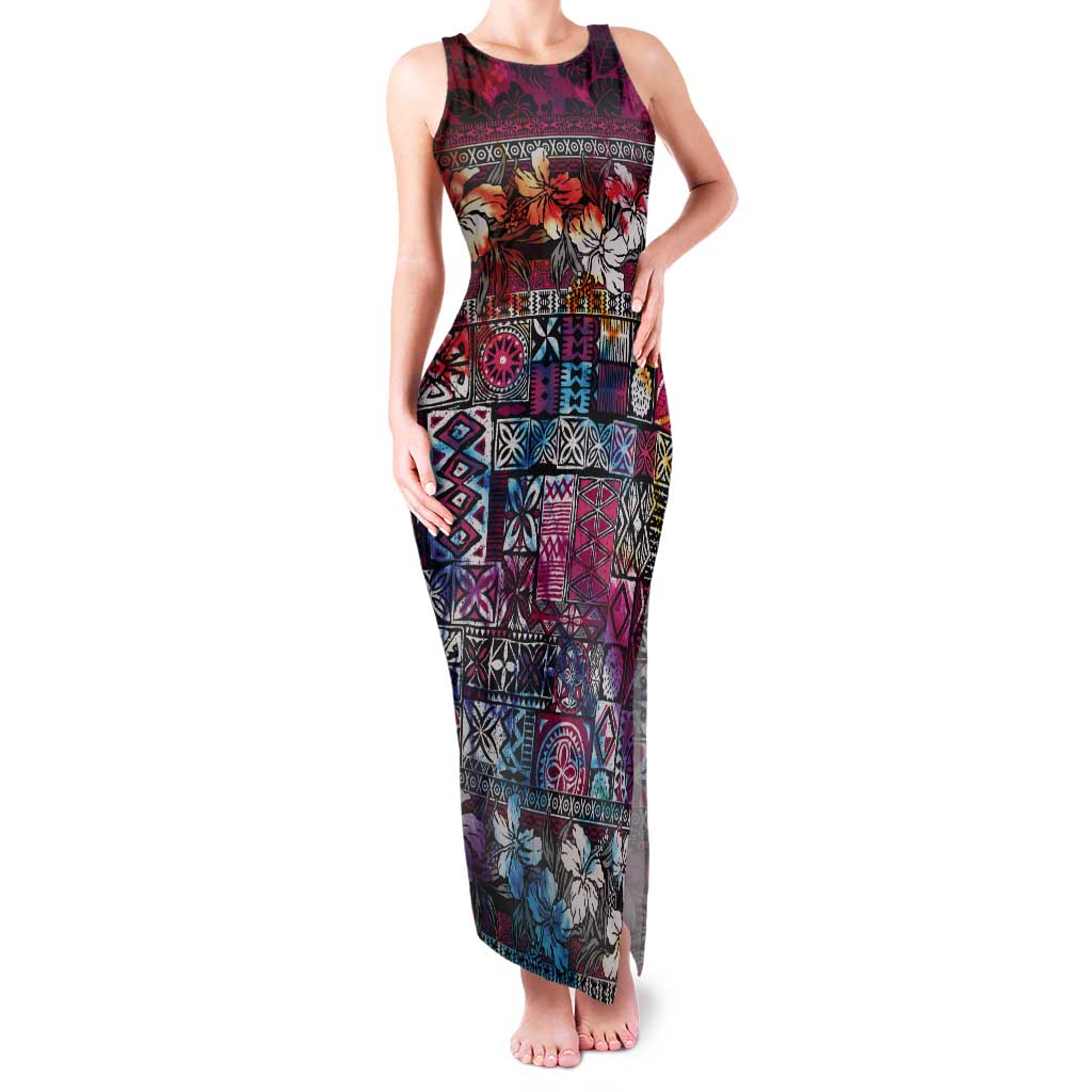 Pacific Hibiscus Tapa Tribal Vintage Tank Maxi Dress Pink Motif