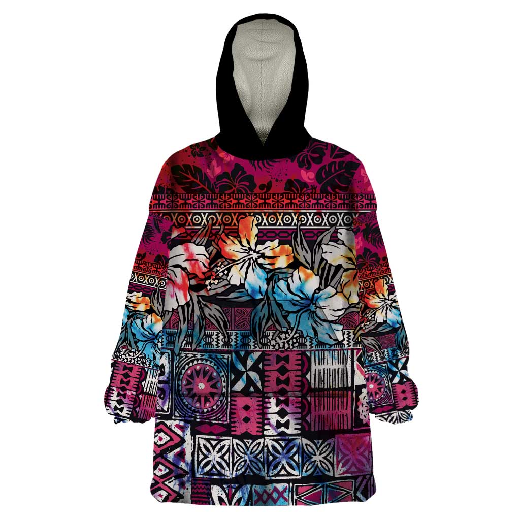 Pacific Hibiscus Tapa Tribal Vintage Wearable Blanket Hoodie Pink Motif