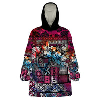 Pacific Hibiscus Tapa Tribal Vintage Wearable Blanket Hoodie Pink Motif