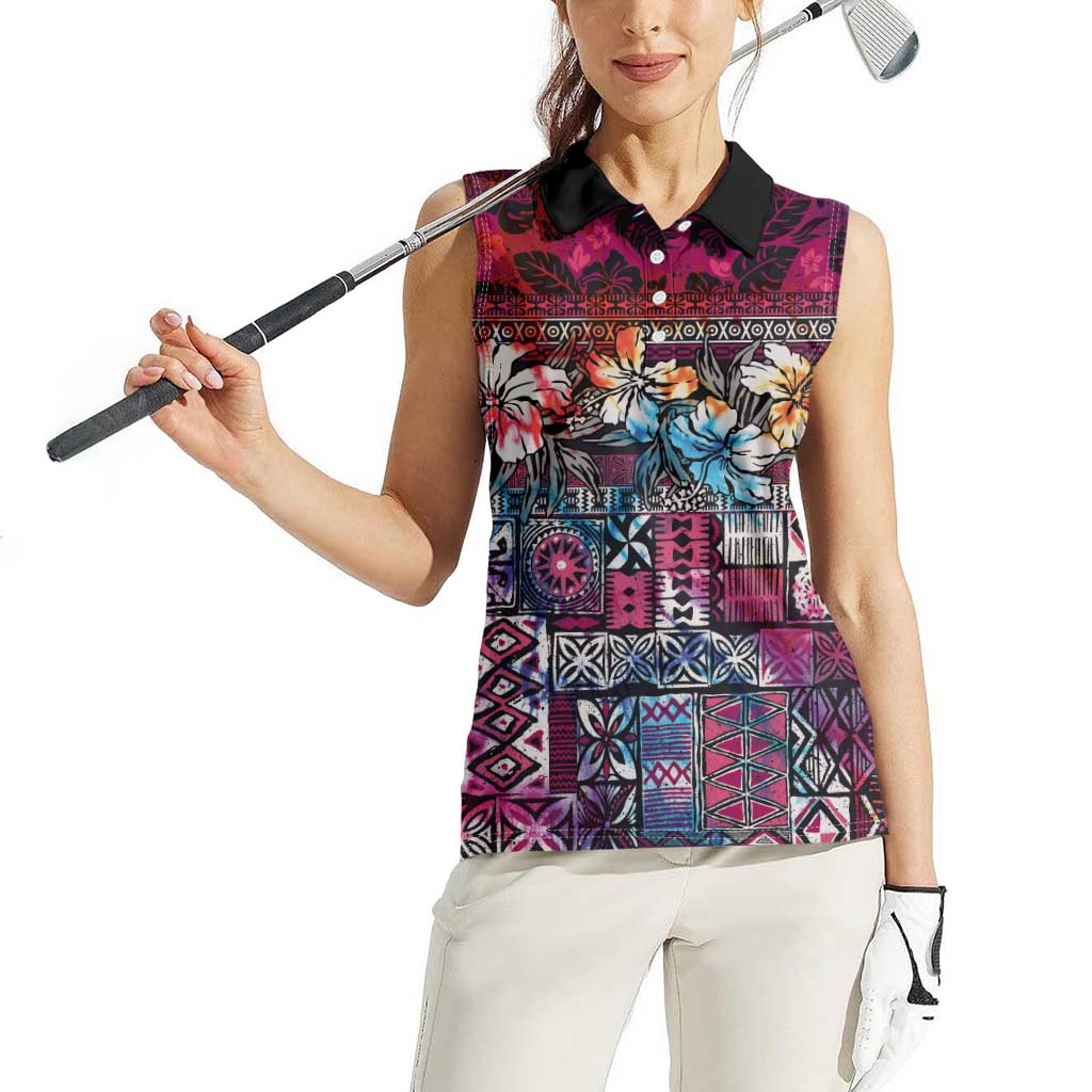Pacific Hibiscus Tapa Tribal Vintage Women Sleeveless Polo Shirt Pink Motif