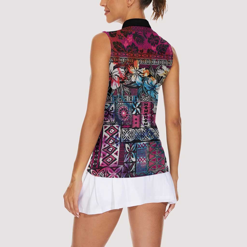 Pacific Hibiscus Tapa Tribal Vintage Women Sleeveless Polo Shirt Pink Motif