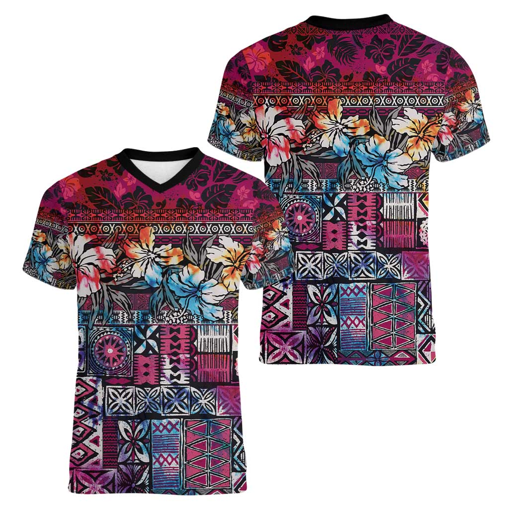 Pacific Hibiscus Tapa Tribal Vintage Women V-Neck T-Shirt Pink Motif