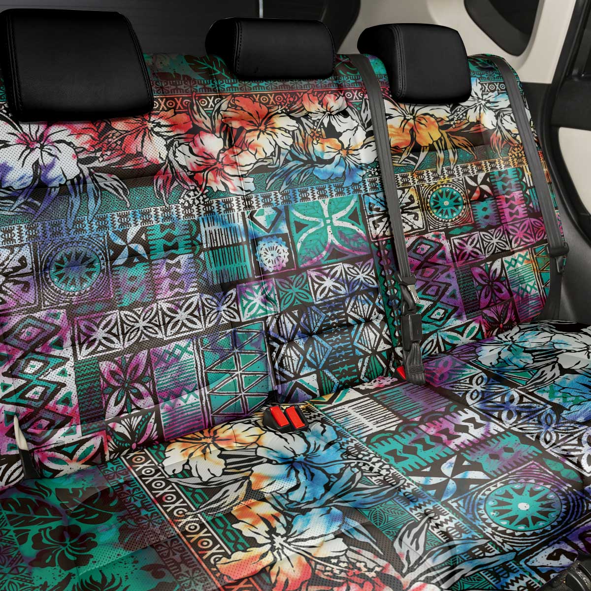 Pacific Hibiscus Tapa Tribal Vintage Back Car Seat Cover Turquoise Motif