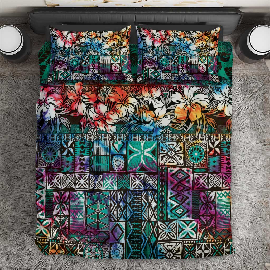 Pacific Hibiscus Tapa Tribal Vintage Bedding Set Turquoise Motif