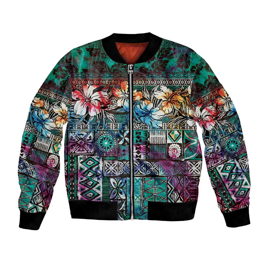 Pacific Hibiscus Tapa Tribal Vintage Bomber Jacket Turquoise Motif