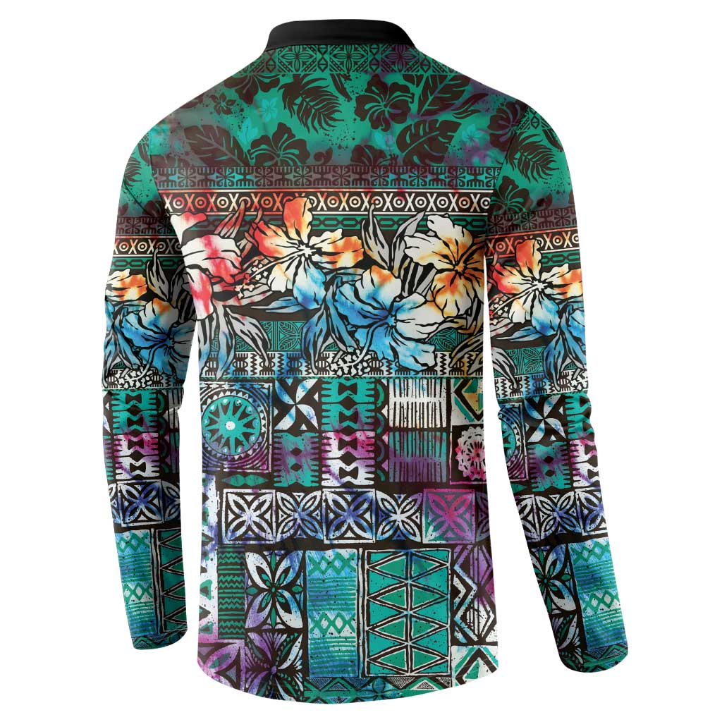 Pacific Hibiscus Tapa Tribal Vintage Button Sweatshirt Turquoise Motif