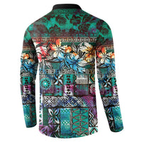 Pacific Hibiscus Tapa Tribal Vintage Button Sweatshirt Turquoise Motif