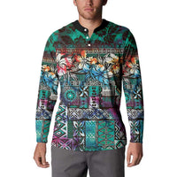 Pacific Hibiscus Tapa Tribal Vintage Button Sweatshirt Turquoise Motif