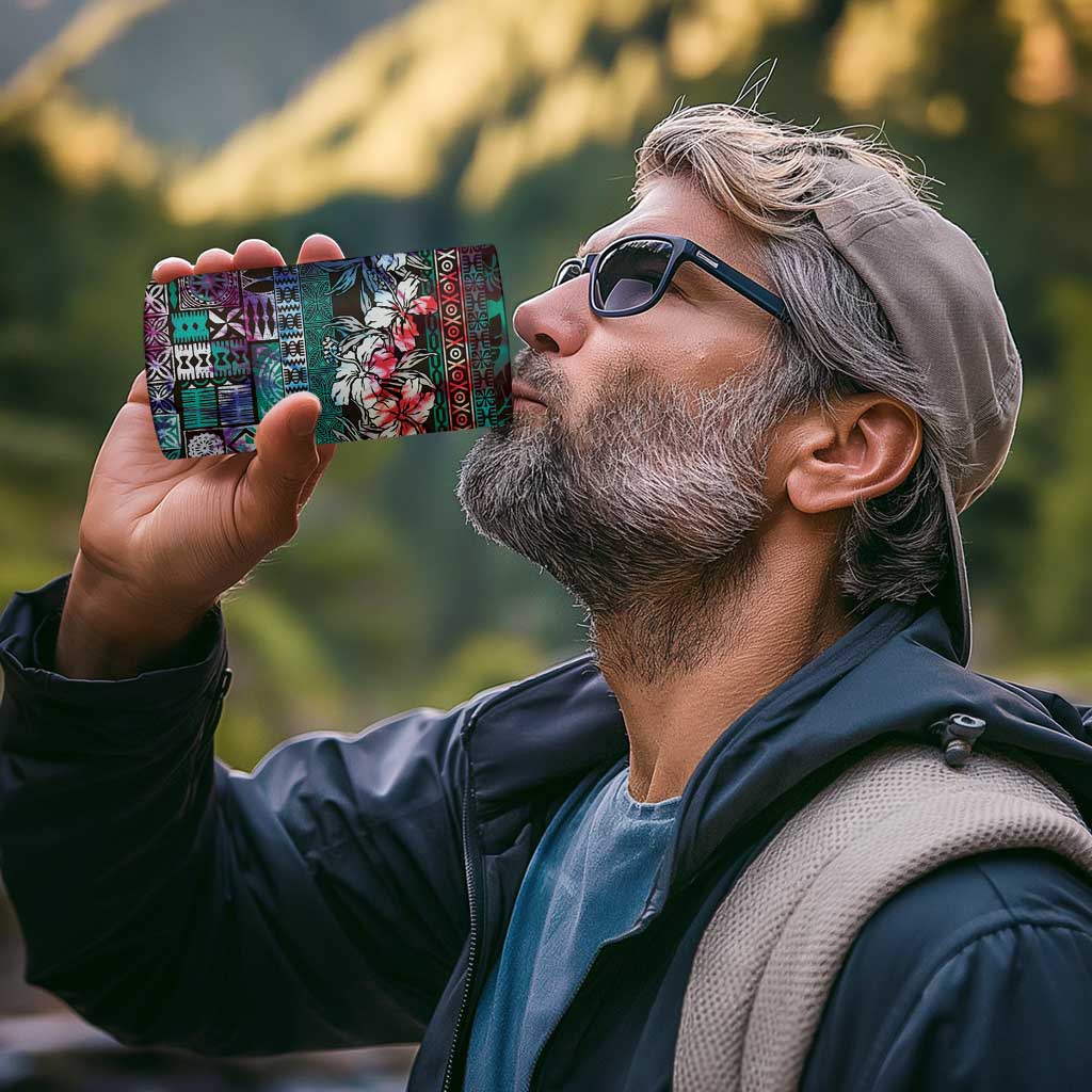 Pacific Hibiscus Tapa Tribal Vintage 4 in 1 Can Cooler Tumbler Turquoise Motif