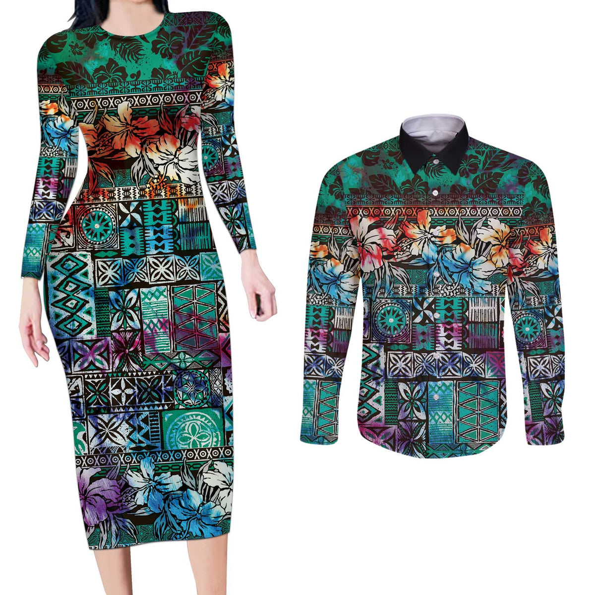 Pacific Hibiscus Tapa Tribal Vintage Couples Matching Long Sleeve Bodycon Dress and Long Sleeve Button Shirt Turquoise Motif LT9 Turquoise - Polynesian Pride