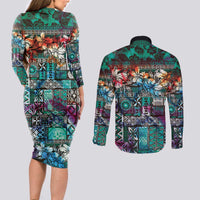 Pacific Hibiscus Tapa Tribal Vintage Couples Matching Long Sleeve Bodycon Dress and Long Sleeve Button Shirt Turquoise Motif LT9 - Polynesian Pride
