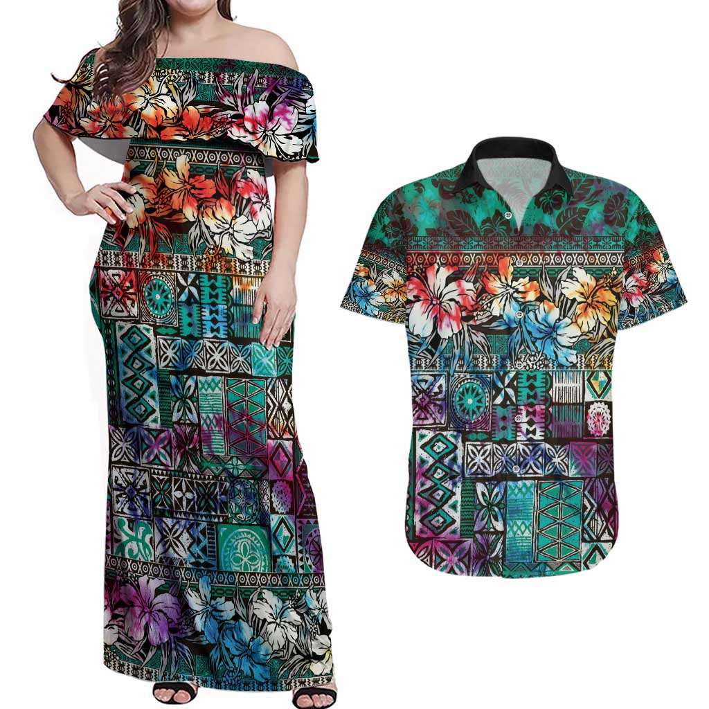 Pacific Hibiscus Tapa Tribal Vintage Couples Matching Off Shoulder Maxi Dress and Hawaiian Shirt Turquoise Motif