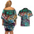 Pacific Hibiscus Tapa Tribal Vintage Couples Matching Off Shoulder Short Dress and Hawaiian Shirt Turquoise Motif
