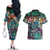 Pacific Hibiscus Tapa Tribal Vintage Couples Matching Off The Shoulder Long Sleeve Dress and Hawaiian Shirt Turquoise Motif
