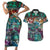 Pacific Hibiscus Tapa Tribal Vintage Couples Matching Short Sleeve Bodycon Dress and Hawaiian Shirt Turquoise Motif