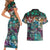 Pacific Hibiscus Tapa Tribal Vintage Couples Matching Short Sleeve Bodycon Dress and Hawaiian Shirt Turquoise Motif