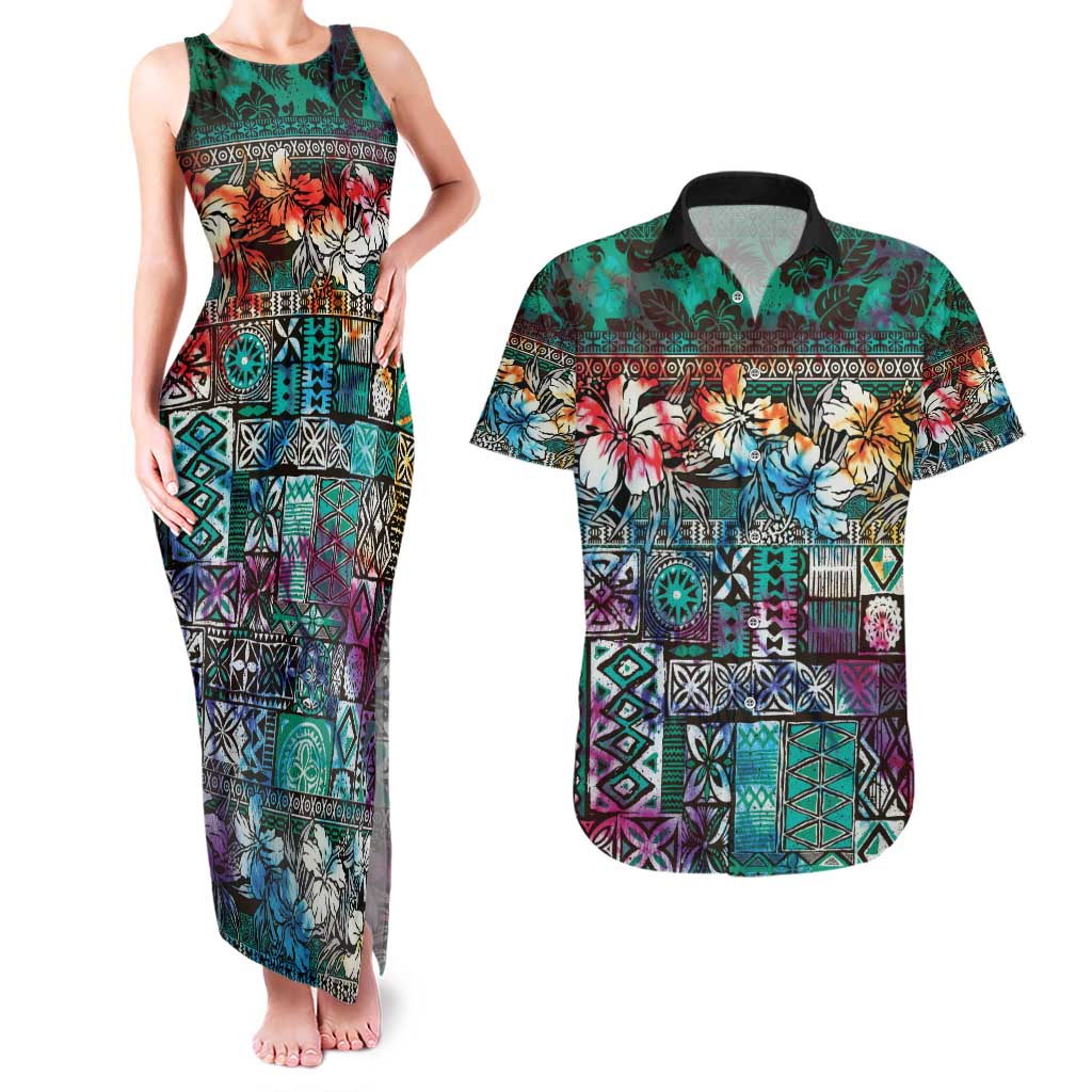 Pacific Hibiscus Tapa Tribal Vintage Couples Matching Tank Maxi Dress and Hawaiian Shirt Turquoise Motif