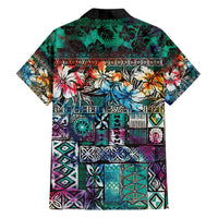 Pacific Hibiscus Tapa Tribal Vintage Family Matching Long Sleeve Bodycon Dress and Hawaiian Shirt Turquoise Motif