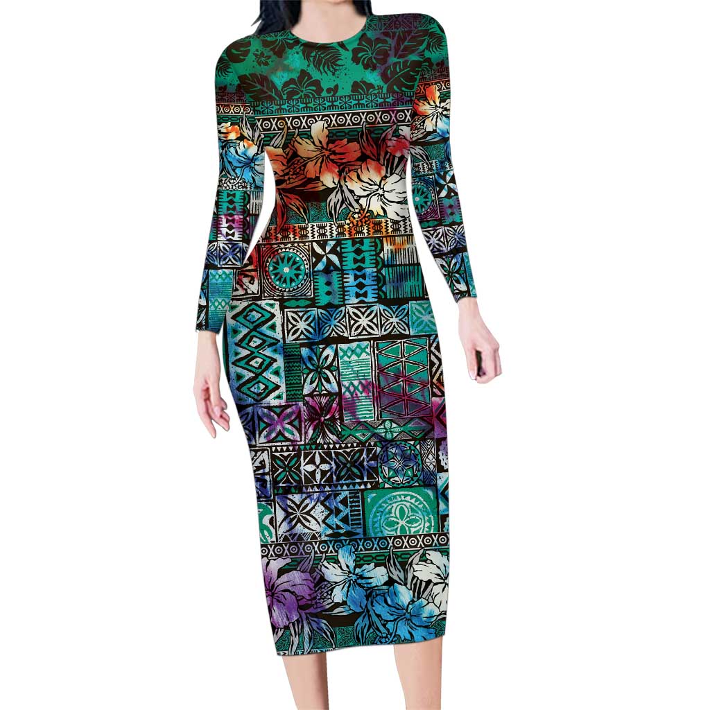 Pacific Hibiscus Tapa Tribal Vintage Family Matching Long Sleeve Bodycon Dress and Hawaiian Shirt Turquoise Motif