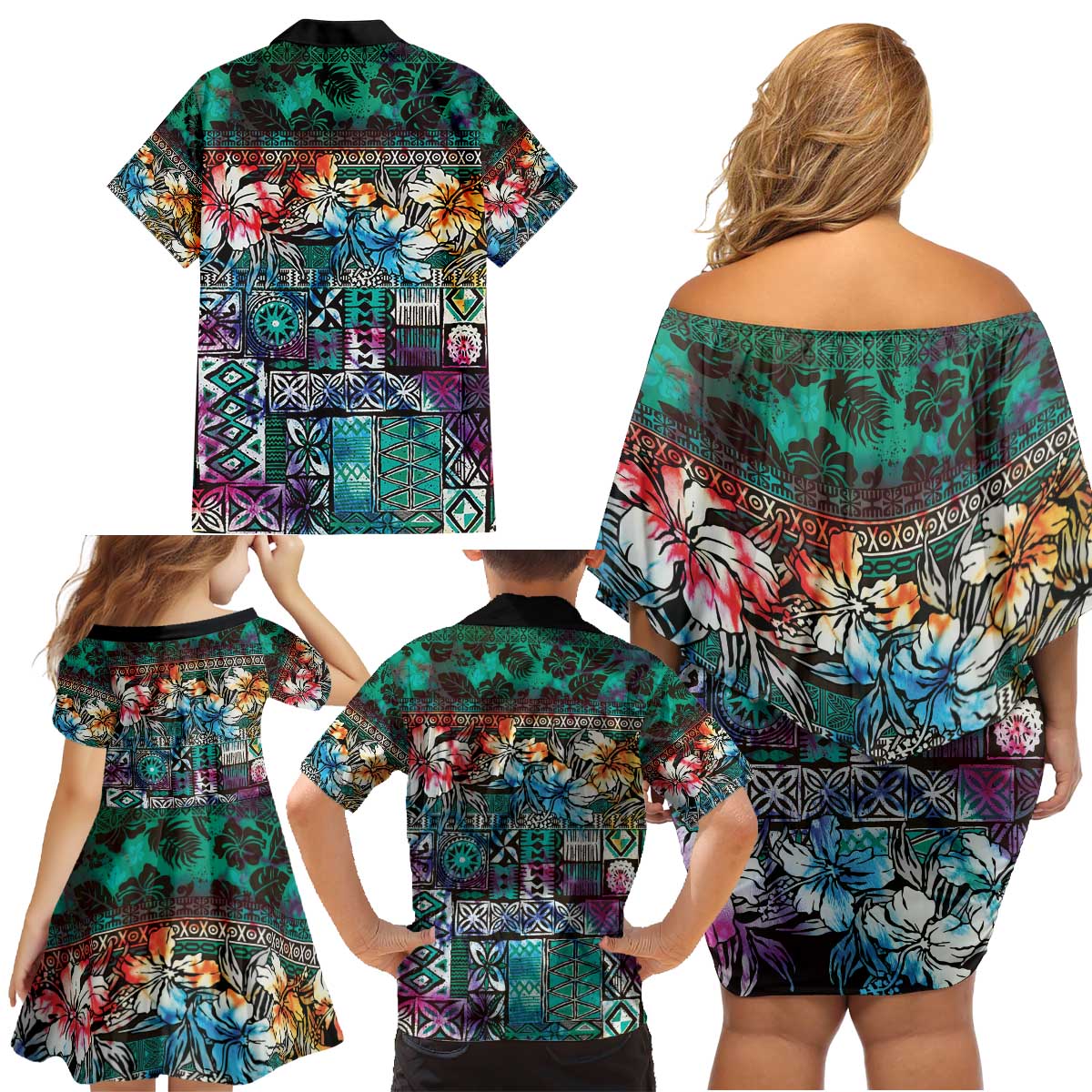 Pacific Hibiscus Tapa Tribal Vintage Family Matching Off Shoulder Short Dress and Hawaiian Shirt Turquoise Motif