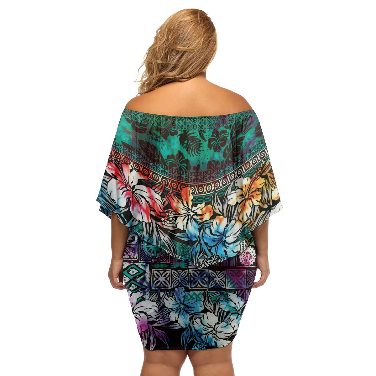 Pacific Hibiscus Tapa Tribal Vintage Family Matching Off Shoulder Short Dress and Hawaiian Shirt Turquoise Motif