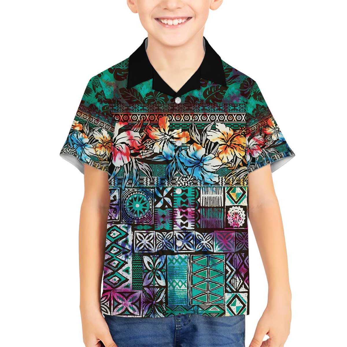 Pacific Hibiscus Tapa Tribal Vintage Family Matching Off Shoulder Short Dress and Hawaiian Shirt Turquoise Motif