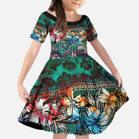 Pacific Hibiscus Tapa Tribal Vintage Family Matching Puletasi and Hawaiian Shirt Turquoise Motif LT9 Daughter's Dress Turquoise - Polynesian Pride
