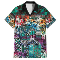 Pacific Hibiscus Tapa Tribal Vintage Family Matching Puletasi and Hawaiian Shirt Turquoise Motif LT9 Dad's Shirt - Short Sleeve Turquoise - Polynesian Pride