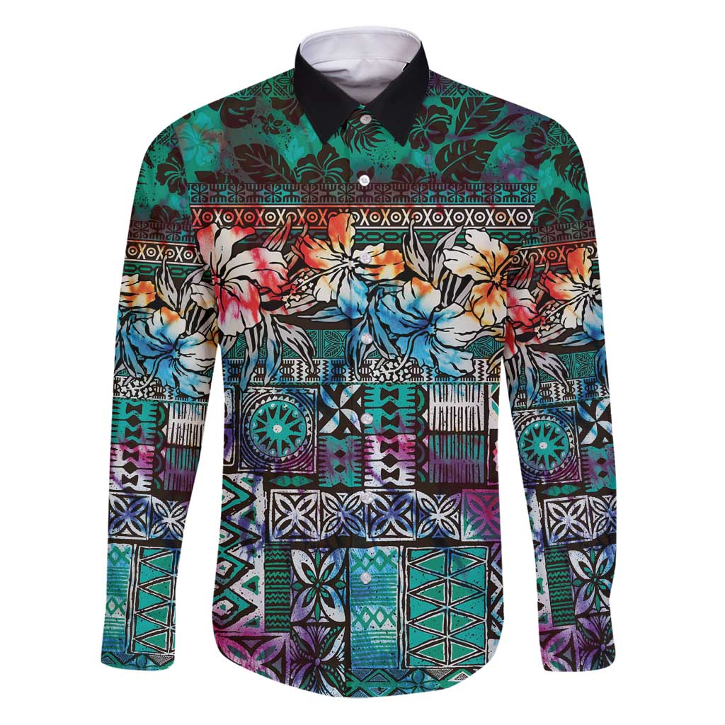 Pacific Hibiscus Tapa Tribal Vintage Family Matching Puletasi and Hawaiian Shirt Turquoise Motif LT9 Dad's Shirt - Long Sleeve Turquoise - Polynesian Pride