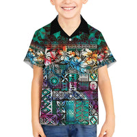 Pacific Hibiscus Tapa Tribal Vintage Family Matching Puletasi and Hawaiian Shirt Turquoise Motif LT9 Son's Shirt Turquoise - Polynesian Pride
