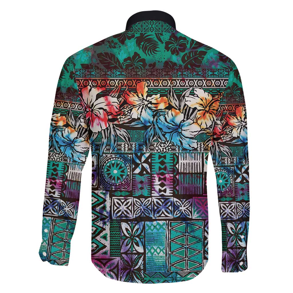 Pacific Hibiscus Tapa Tribal Vintage Family Matching Summer Maxi Dress and Hawaiian Shirt Turquoise Motif