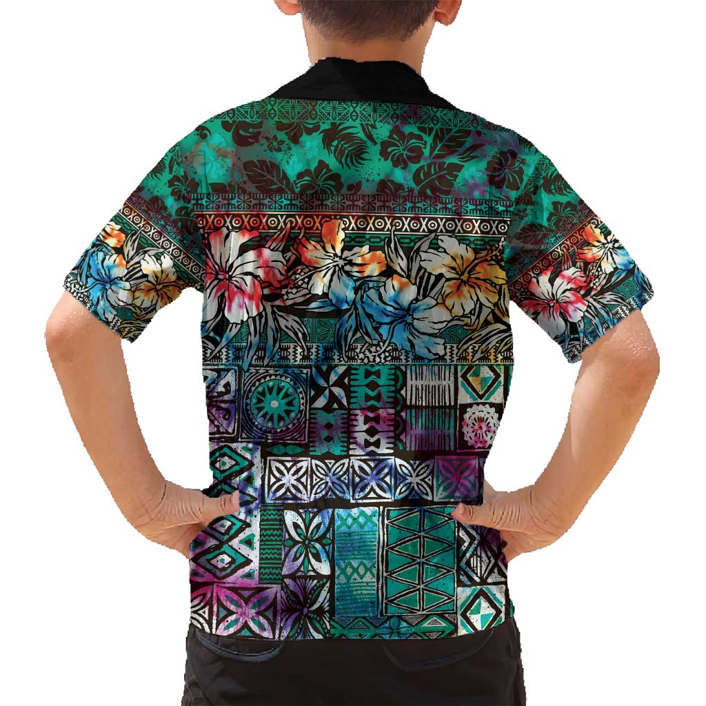 Pacific Hibiscus Tapa Tribal Vintage Family Matching Tank Maxi Dress and Hawaiian Shirt Turquoise Motif