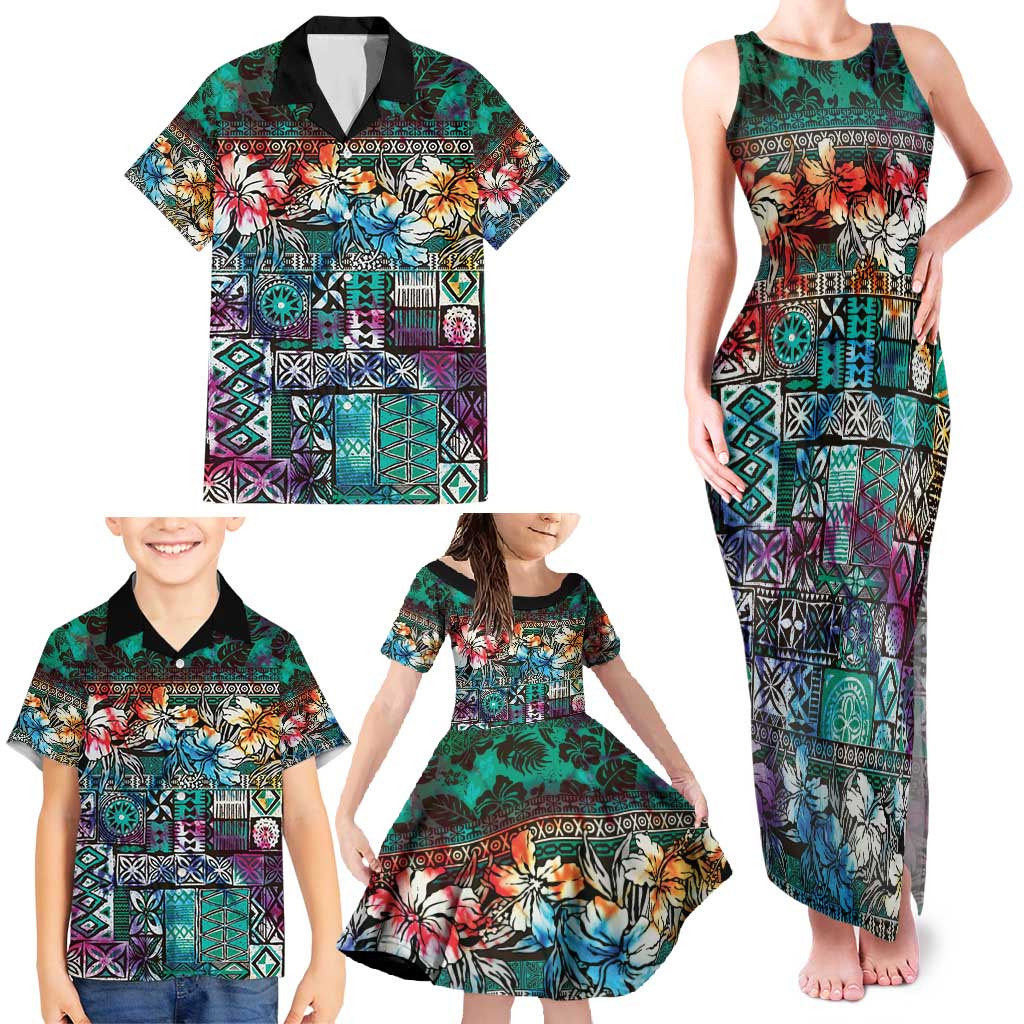 Pacific Hibiscus Tapa Tribal Vintage Family Matching Tank Maxi Dress and Hawaiian Shirt Turquoise Motif