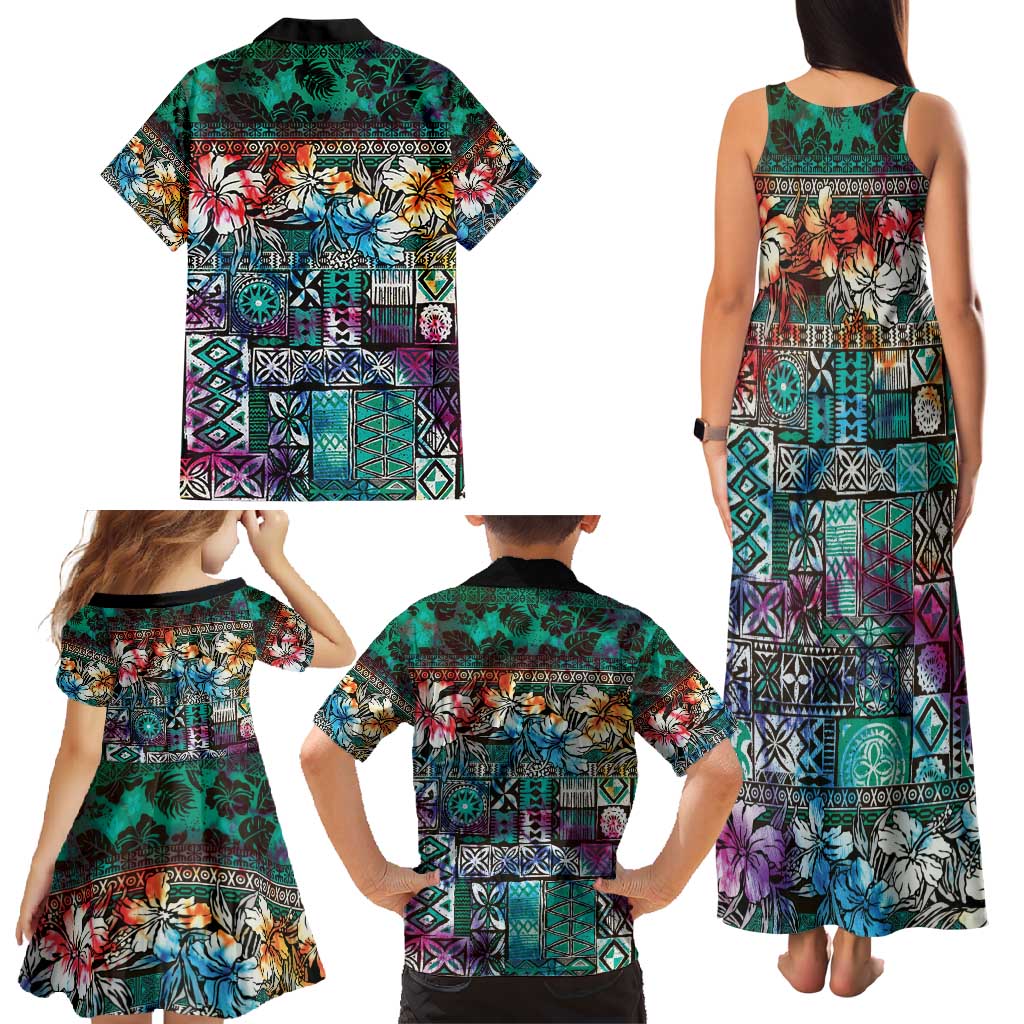 Pacific Hibiscus Tapa Tribal Vintage Family Matching Tank Maxi Dress and Hawaiian Shirt Turquoise Motif