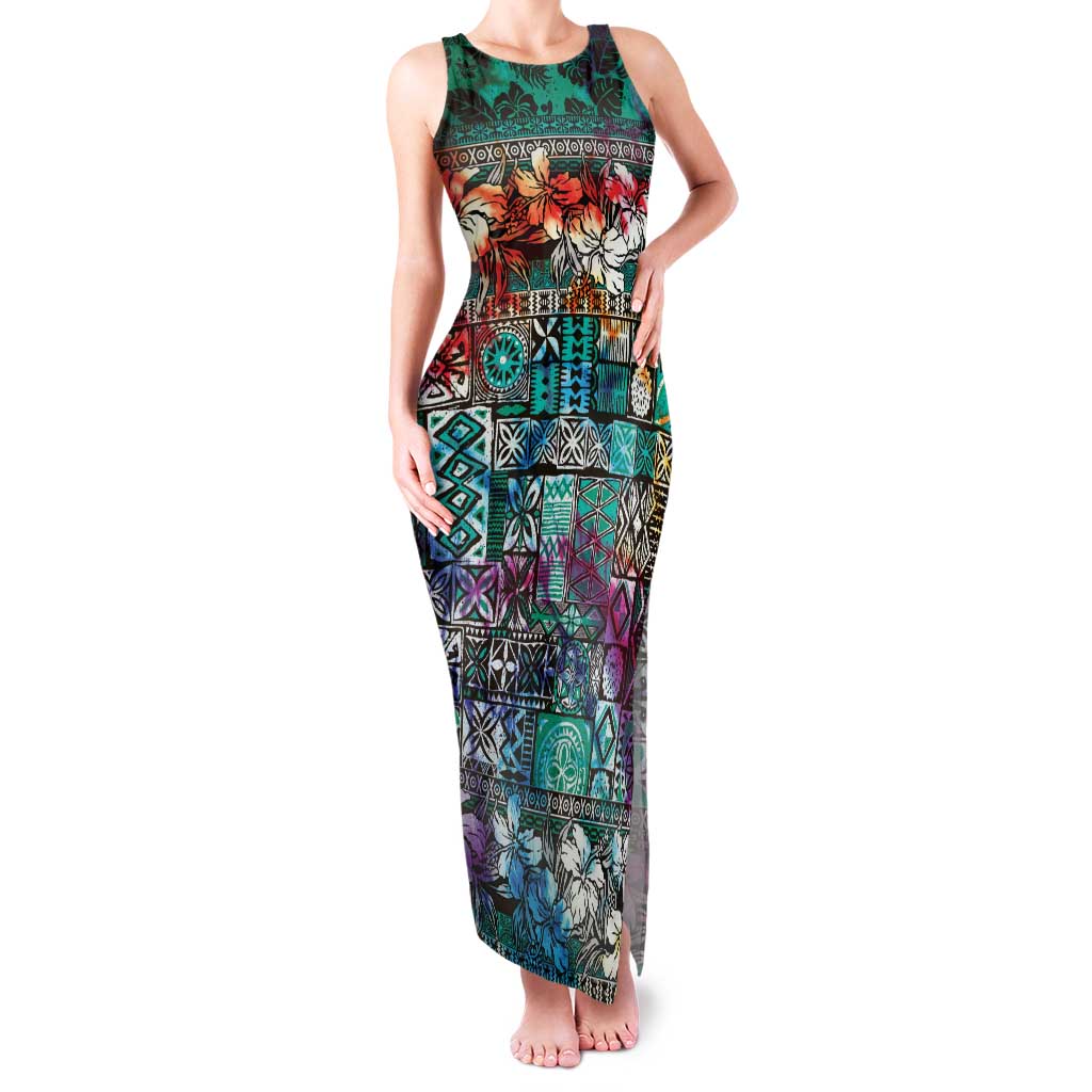 Pacific Hibiscus Tapa Tribal Vintage Family Matching Tank Maxi Dress and Hawaiian Shirt Turquoise Motif