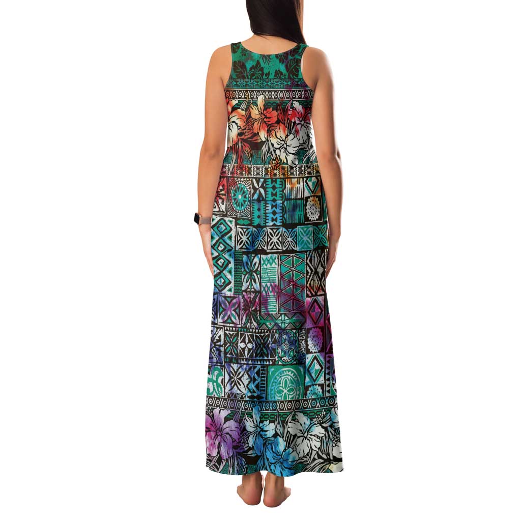 Pacific Hibiscus Tapa Tribal Vintage Family Matching Tank Maxi Dress and Hawaiian Shirt Turquoise Motif