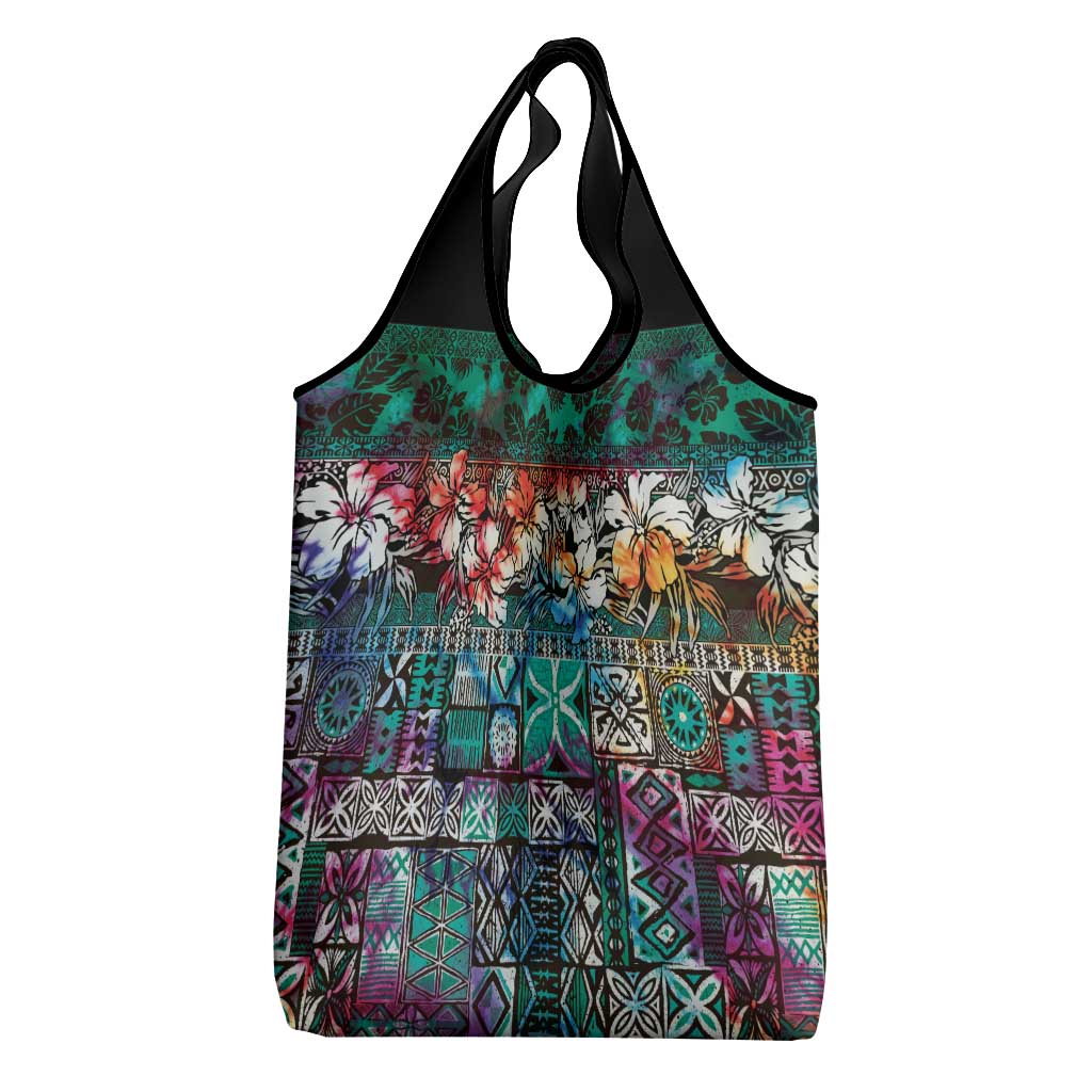 Pacific Hibiscus Tapa Tribal Vintage Grocery Bag Turquoise Motif