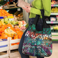 Pacific Hibiscus Tapa Tribal Vintage Grocery Bag Turquoise Motif