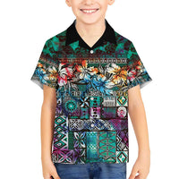 Pacific Hibiscus Tapa Tribal Vintage Kid Hawaiian Shirt Turquoise Motif