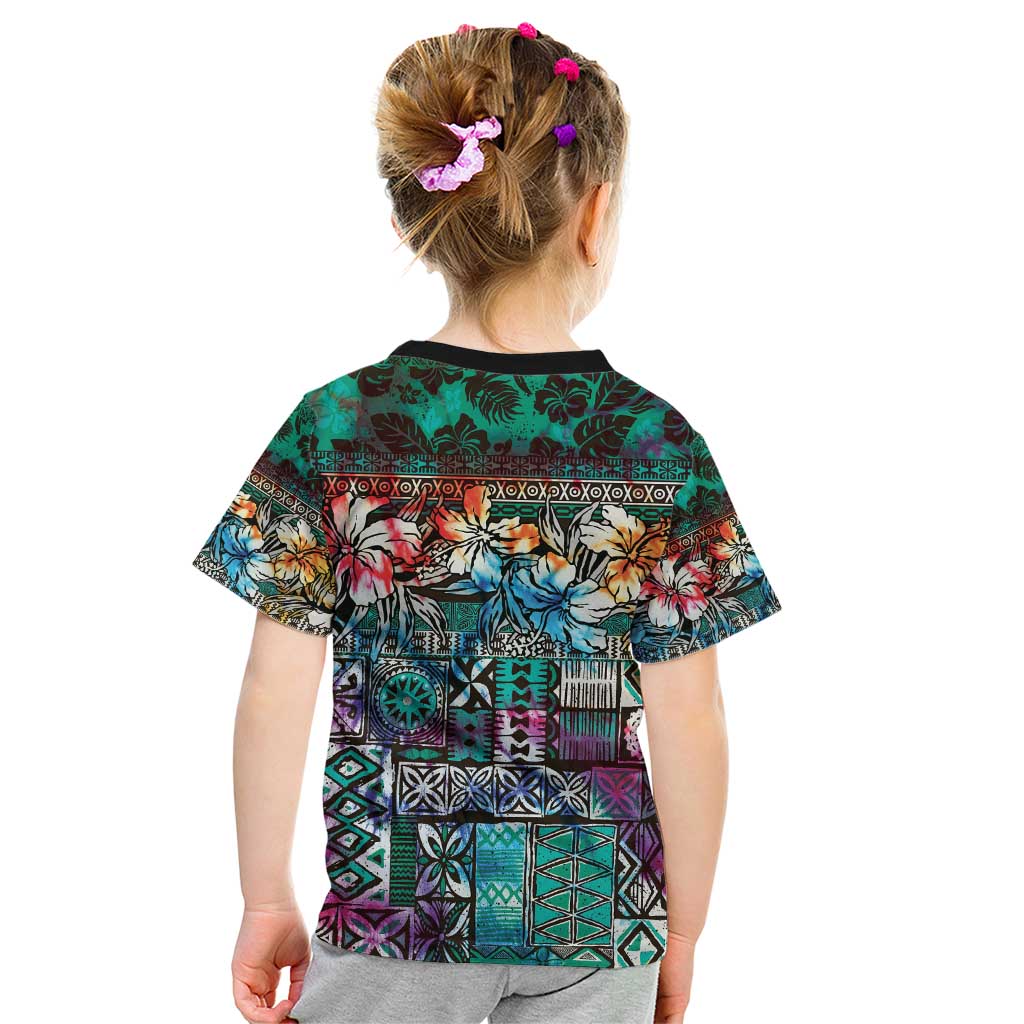 Pacific Hibiscus Tapa Tribal Vintage Kid T Shirt Turquoise Motif