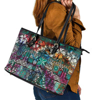 Pacific Hibiscus Tapa Tribal Vintage Leather Tote Bag Turquoise Motif