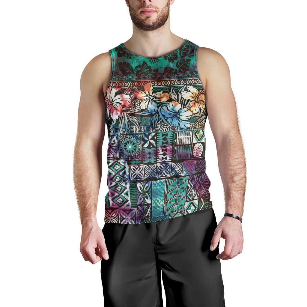 Pacific Hibiscus Tapa Tribal Vintage Men Tank Top Turquoise Motif