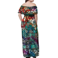 Pacific Hibiscus Tapa Tribal Vintage Off Shoulder Maxi Dress Turquoise Motif