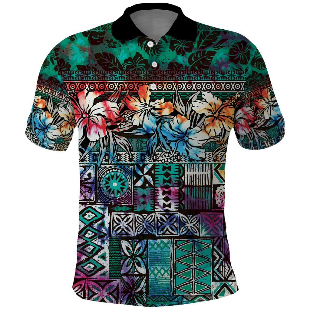 Pacific Hibiscus Tapa Tribal Vintage Polo Shirt Turquoise Motif
