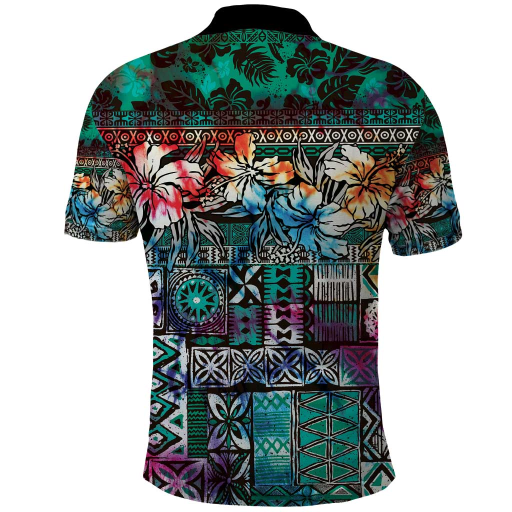 Pacific Hibiscus Tapa Tribal Vintage Polo Shirt Turquoise Motif
