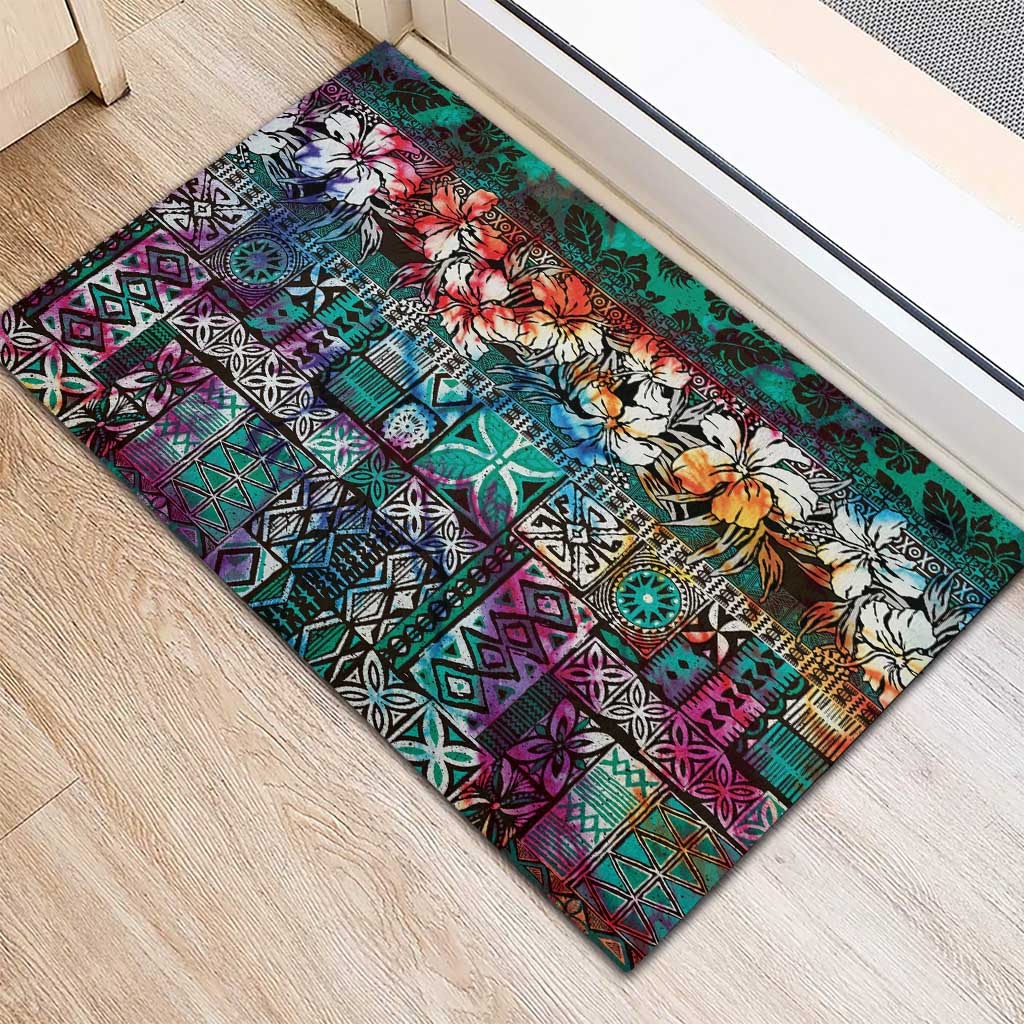 Pacific Hibiscus Tapa Tribal Vintage Rubber Doormat Turquoise Motif