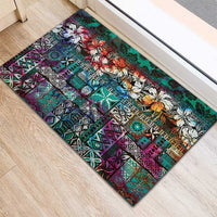 Pacific Hibiscus Tapa Tribal Vintage Rubber Doormat Turquoise Motif