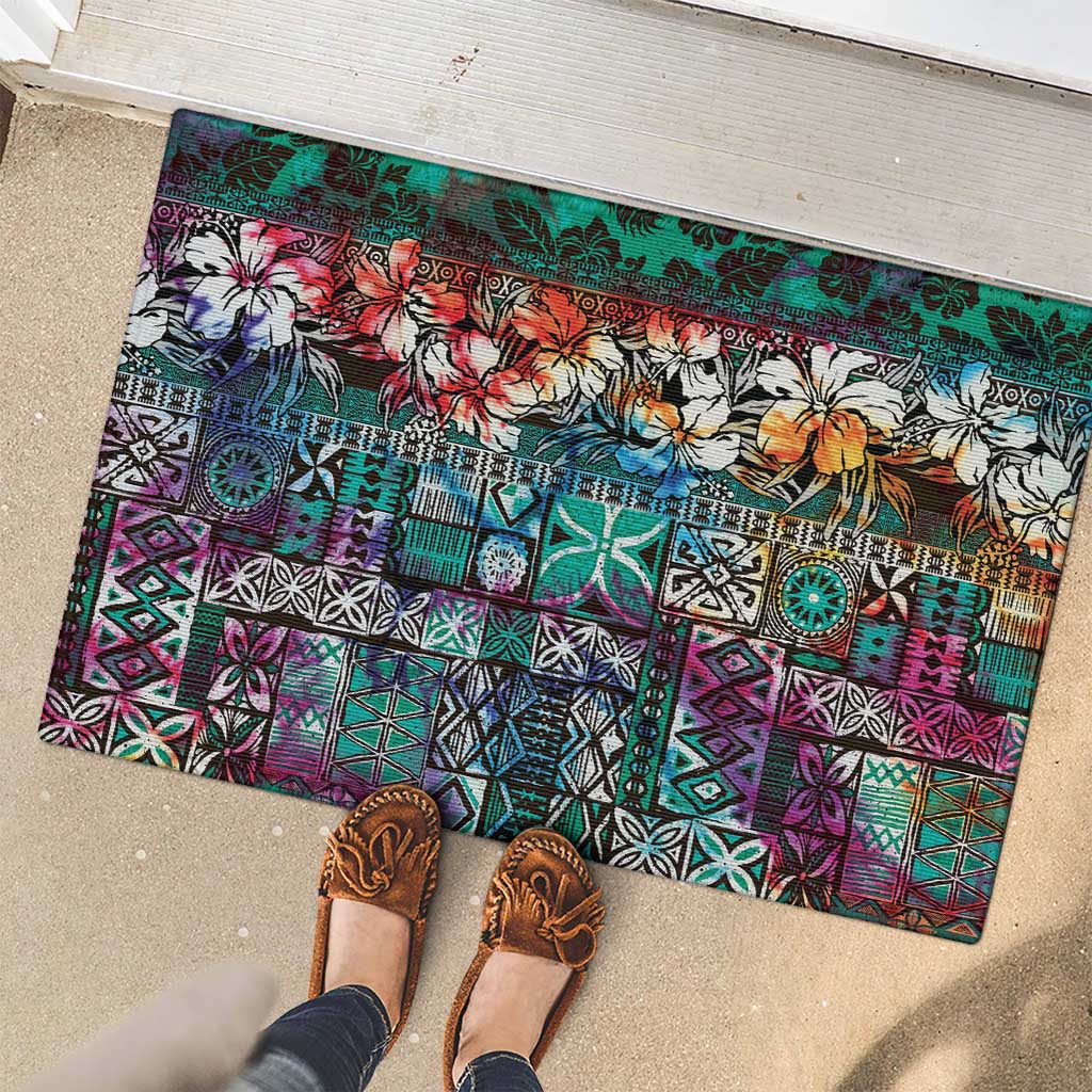 Pacific Hibiscus Tapa Tribal Vintage Rubber Doormat Turquoise Motif