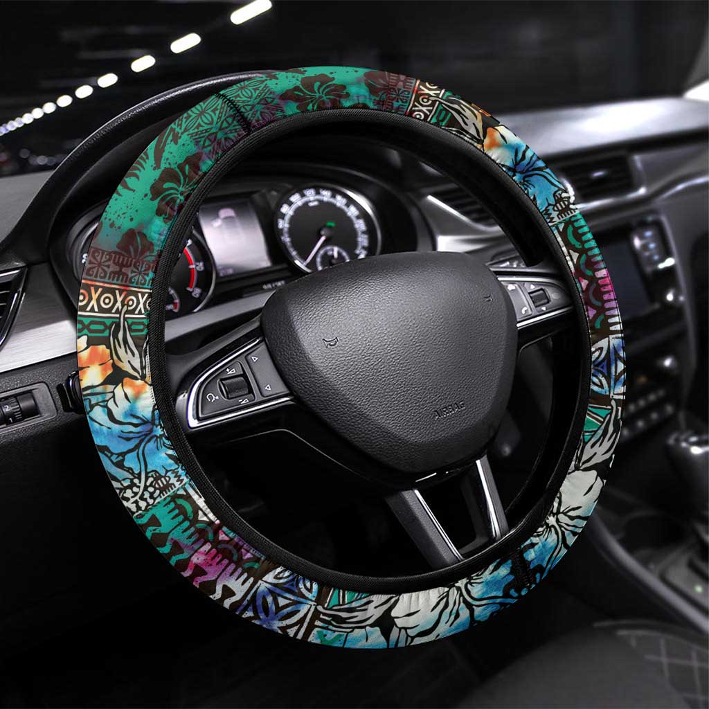 Pacific Hibiscus Tapa Tribal Vintage Steering Wheel Cover Turquoise Motif