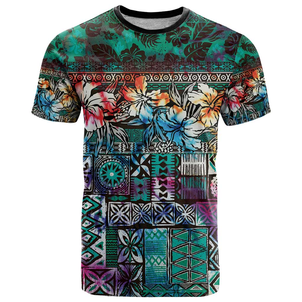 Pacific Hibiscus Tapa Tribal Vintage T Shirt Turquoise Motif